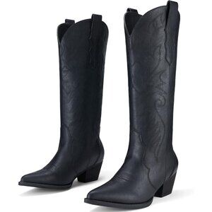 Women's Chunky Knee High Heel Western Leather Embroidered Black Boot